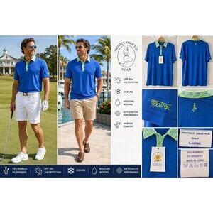 NWT Protect Your Tail Golf Shirt Men L Bamboo UPF 50+ Polo Blue Performance Chic